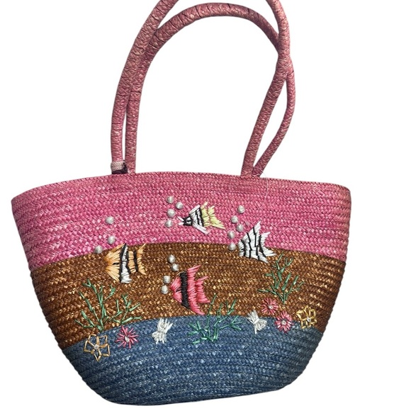 Liz Claiborne multi colored straw Oversized Fish Beach Bag - Picture 2 of 13